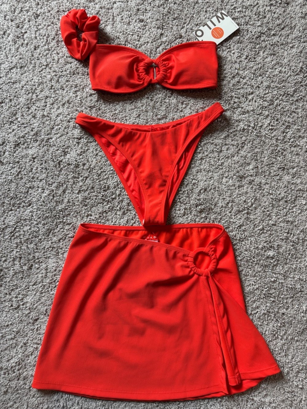 NWT Wilo The Label 3 Piece Bandeau Bikini Set With Skirt in Tomato Red